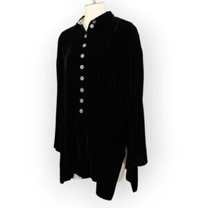 Ginza Israel Black Velvet Tunic Women L/XL Collar Cardigan Side-Slits Lagenlook